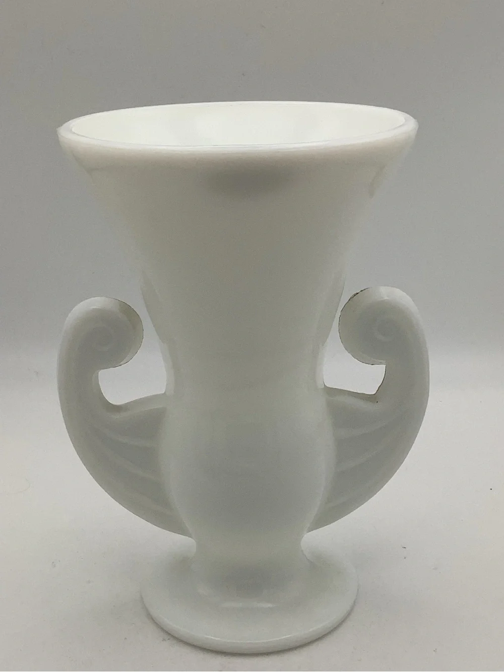 Smith Hand Made White Milk Glass Vase with Scrolled Handles